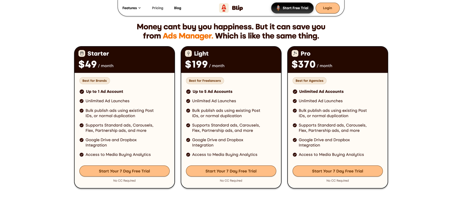 Blip pricing: Starter $49 for one ad account, Light $199 for five, Pro $370 for unlimited, all with unlimited launches